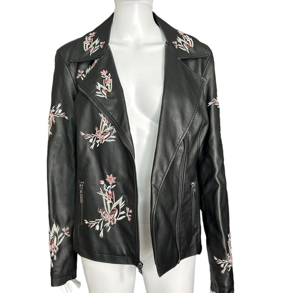 NWT Alfani Embroidered Moto Jacket Black Sz S Faux Vegan Leather Floral Biker
